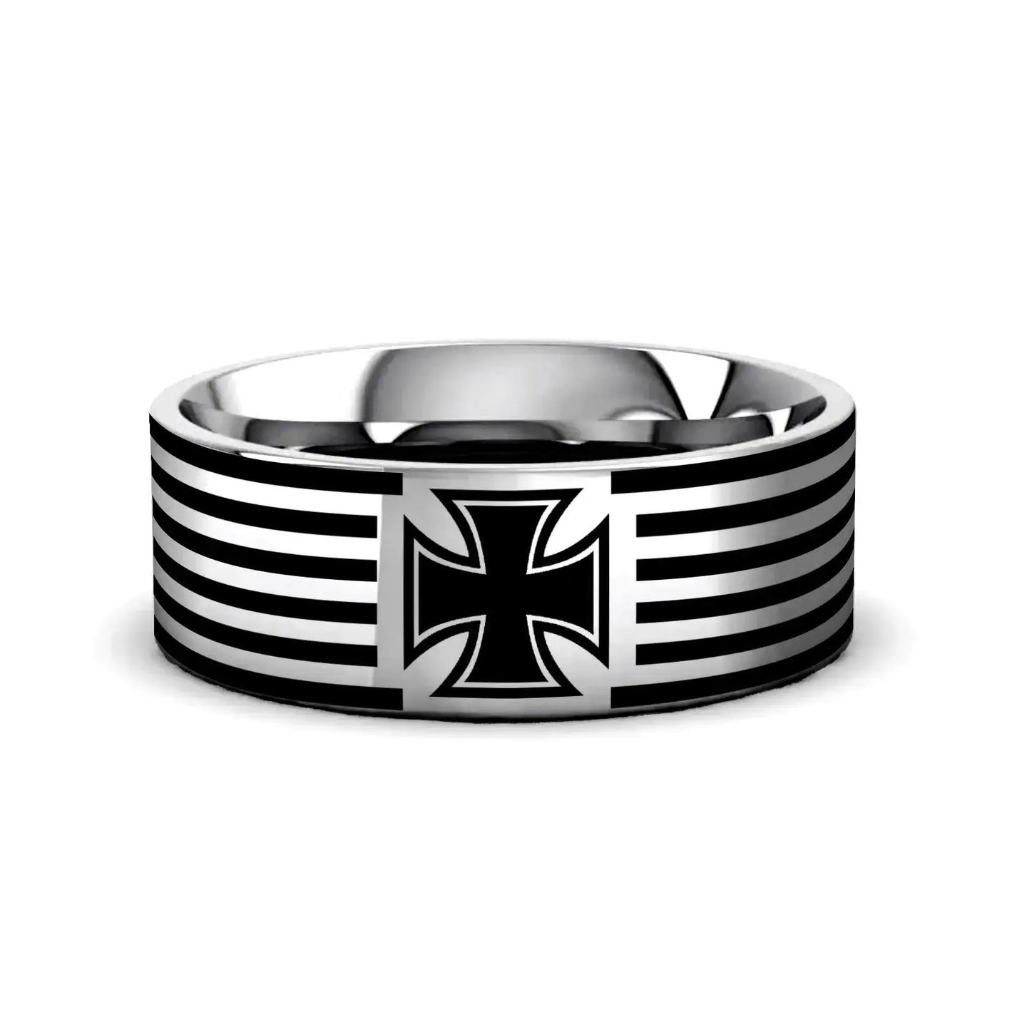 IRON CROSS on Flat Tungsten Carbide Ring - Larson Jewelers