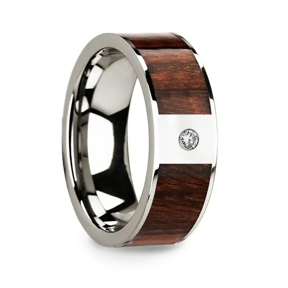 Men’s Diamond Center Polished 14k White Gold Wedding Band with Carpathian Wood Inlay - 8mm - Larson Jewelers