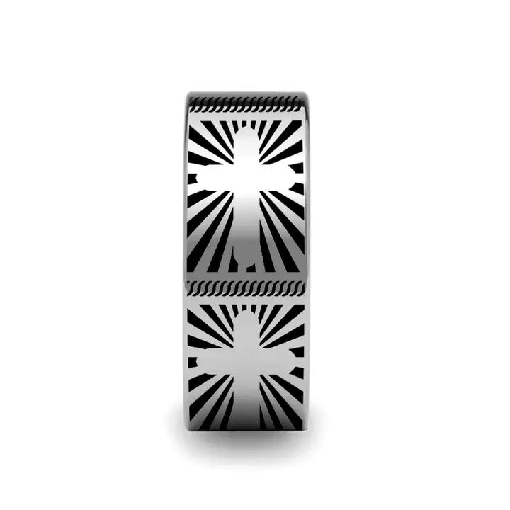 SUNBURST CROSSES on Flat Tungsten Carbide Ring - Larson Jewelers