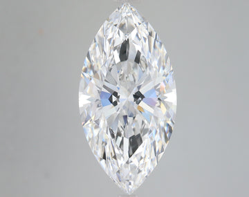 Marquise-cut colorless diamond with faceted surface and light refraction displayed against neutral gray background.