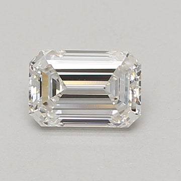 Emerald-cut lab-grown diamond loose stone with faceted surfaces and clear appearance on neutral background.