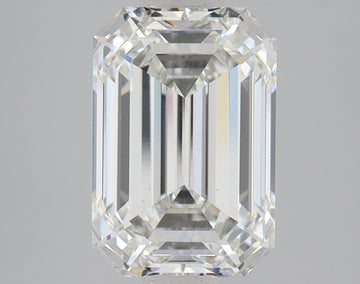 Emerald-cut lab-grown diamond with faceted sides and clear appearance, displayed on neutral gray background.