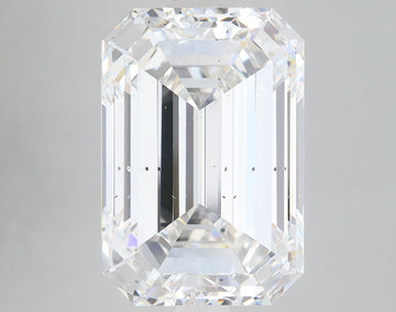 Emerald-cut lab-grown diamond with faceted sides and clear transparent appearance against neutral background.