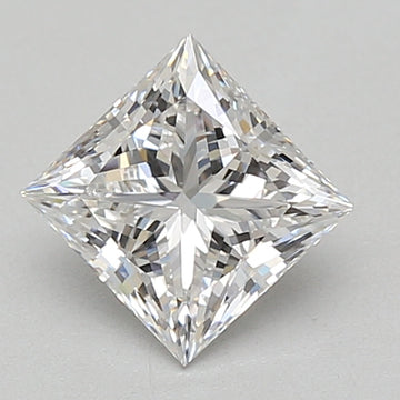 Princess cut loose diamond with faceted surface and sharp corners, displaying light refraction and reflections.