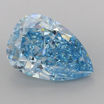 Pear-shaped lab-grown diamond with faceted surface displaying blue and clear tones on neutral background.