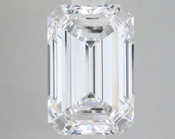 Emerald-cut lab-grown diamond with faceted rectangular shape and clear transparency on gray background.