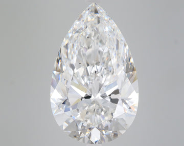 Pear-shaped lab-grown diamond with faceted surface and clear transparency on gray background.