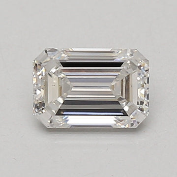 Emerald-cut lab-grown diamond loose stone with faceted surfaces and light reflection on neutral background.