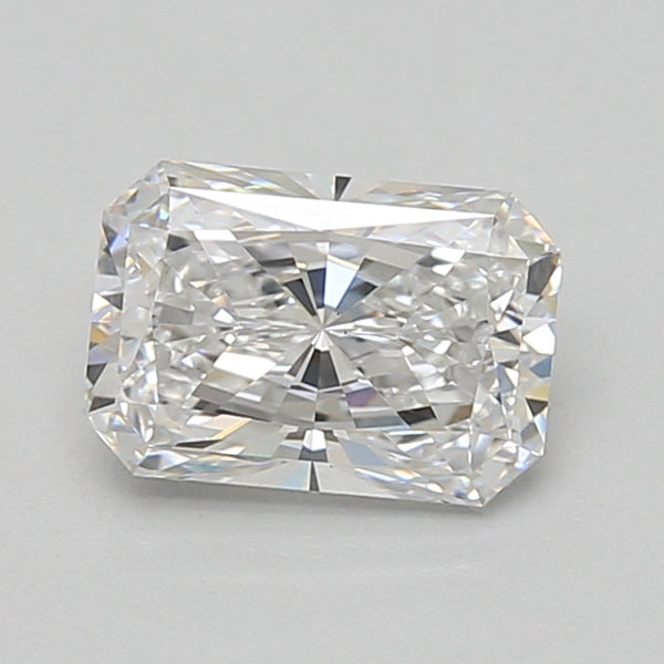 Clear radiant-cut lab-grown diamond with multi-faceted surface reflecting white and blue light.