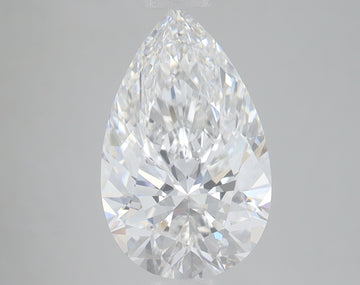 Pear-shaped lab-grown diamond with faceted cuts reflecting light, displayed against neutral gray background.