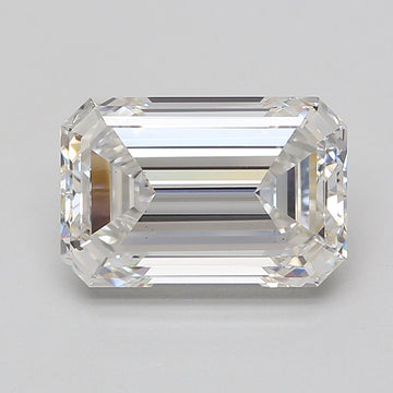 Emerald cut lab-grown diamond with step facets and clear appearance on neutral background.