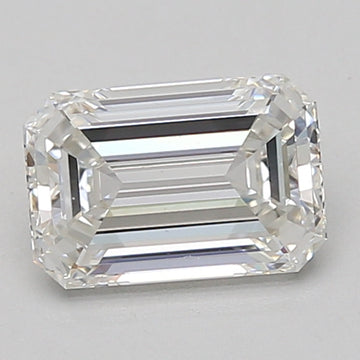 Emerald-cut lab-grown diamond with faceted edges and clear transparency, displayed on neutral background.