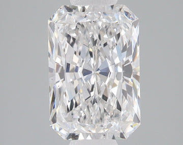 Clear radiant-cut lab-grown diamond with faceted surface and light refraction on gray background.