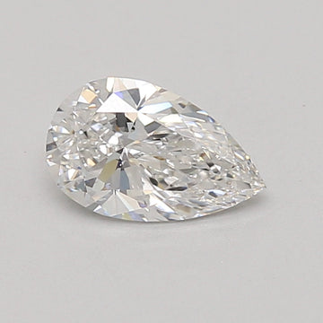 Pear-shaped lab-grown diamond with faceted surface and light reflections on neutral background.