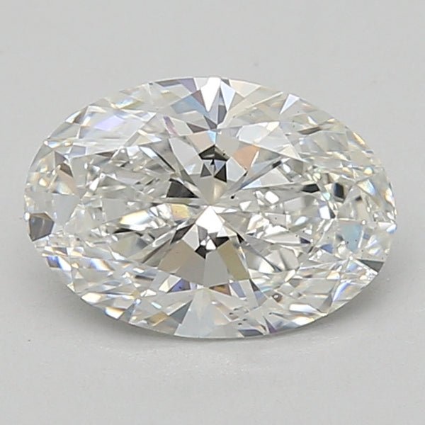 Oval-cut lab-grown diamond with faceted surface and light reflections, approximately 1.55 carats.