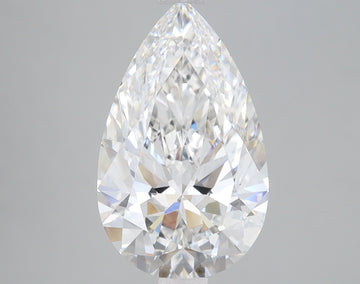 Clear pear-shaped lab-grown diamond with faceted surface displaying light refraction on gray background.