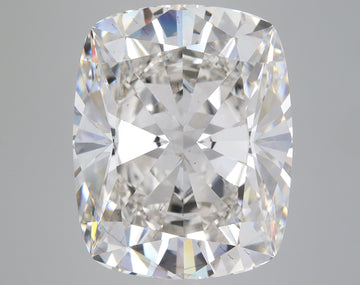 Colorless cushion-cut loose diamond with faceted surface and light refraction displayed on gray background.