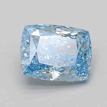 Cushion-cut lab-grown diamond with faceted surface showing light blue tint and reflective properties.