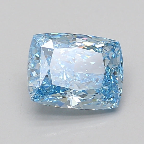 Cushion-cut lab-grown diamond with faceted surface showing light blue tint and reflective properties.