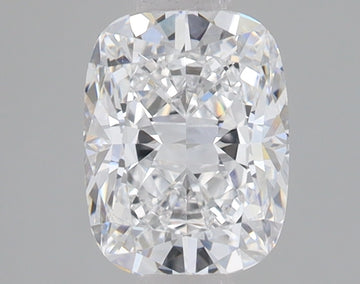 Colorless cushion-cut loose diamond with faceted surface displaying light refraction on neutral background.