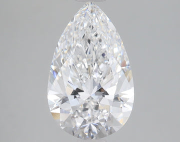 Pear-shaped lab-grown diamond with faceted surface and clear brilliance on gray background.