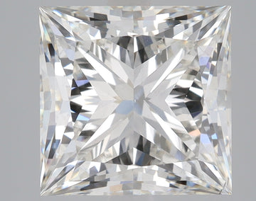 Colorless princess-cut lab-grown diamond with faceted surface reflecting light, displayed against neutral background.