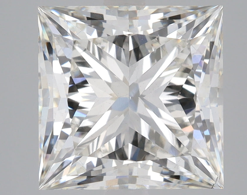 Colorless princess-cut lab-grown diamond with faceted surface reflecting light, displayed against neutral background.