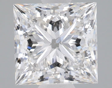 Princess-cut lab-grown diamond with faceted surfaces displaying light refraction, viewed from above on neutral background.
