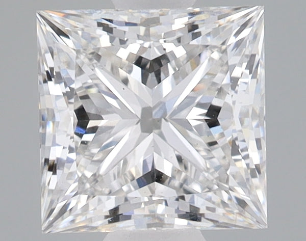 Princess-cut lab-grown diamond with faceted surfaces displaying light refraction, viewed from above on neutral background.
