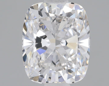 Cushion cut lab-grown diamond with brilliant faceting and light reflections on neutral background.