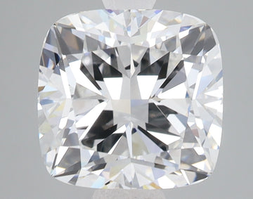Cushion cut lab grown diamond with clear faceting and light reflections on gray background.