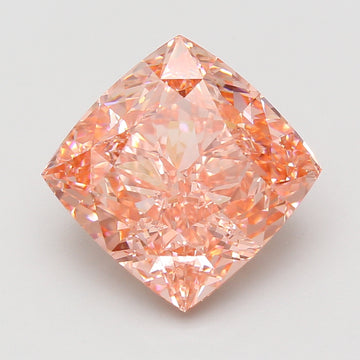Cushion-cut lab-grown diamond with peachy-pink hue and faceted reflections on white background.