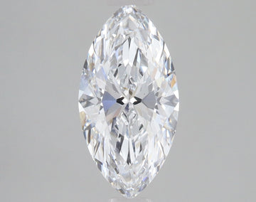 Marquise-cut clear diamond with faceted surface and pointed ends on neutral background.