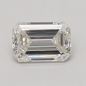 Emerald-cut lab-grown diamond with clear facets and reflective surfaces, displayed on neutral background.