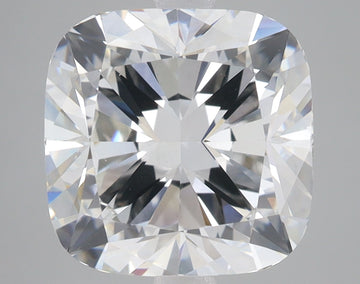 Cushion-cut colorless lab-grown diamond with faceted surfaces reflecting light, displayed against neutral gray background.