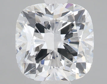 Colorless cushion-cut lab-grown diamond with faceted surface and reflective light patterns on neutral background.