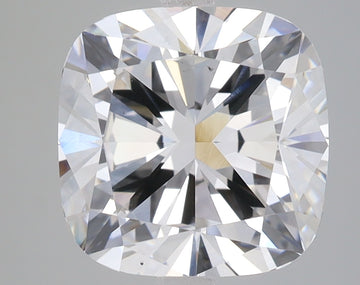 Cushion cut lab-grown diamond with brilliant faceting and light refraction, displaying clear coloration and geometric pattern