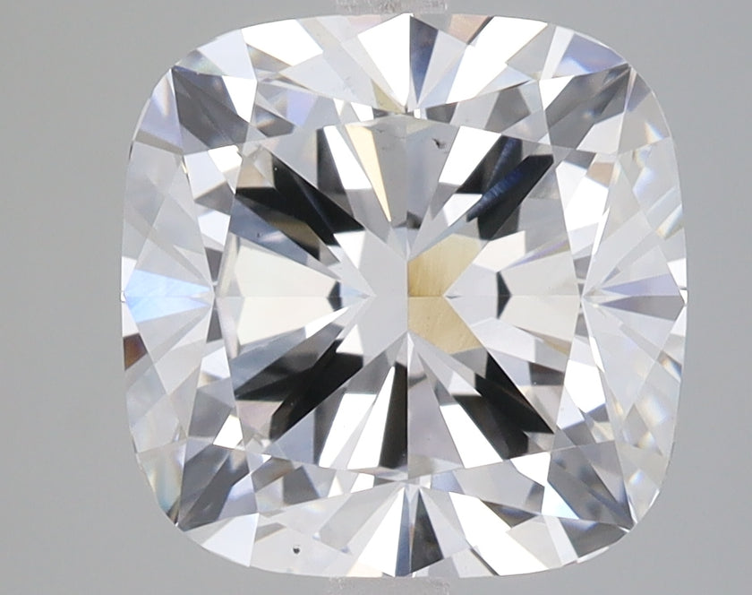 Cushion cut lab-grown diamond with brilliant faceting and light refraction, displaying clear coloration and geometric pattern