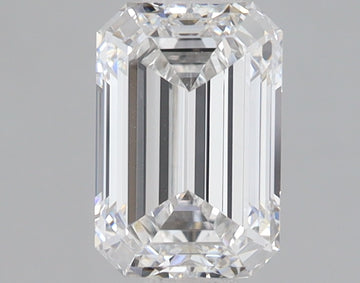 Emerald-cut lab-grown diamond with faceted sides and clear transparent appearance on gray background.