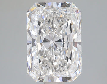 Radiant cut lab-grown diamond with brilliant faceting and light refraction on neutral gray background.
