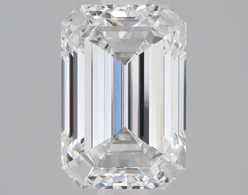 Emerald-cut lab-grown diamond with clear facets and reflective surfaces on neutral background.