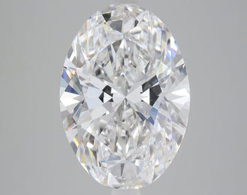 Oval-cut clear lab-grown diamond with faceted surface and light refraction on gray background.