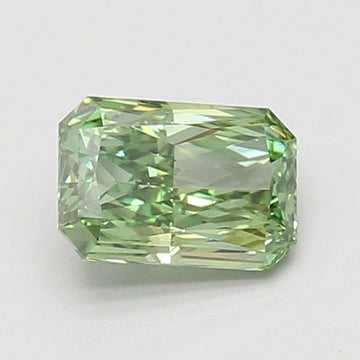 Light green radiant cut loose diamond with faceted surfaces and reflective clarity on white background.