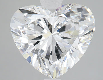 Heart-shaped colorless lab-grown diamond with faceted surfaces and light refraction on gray background.