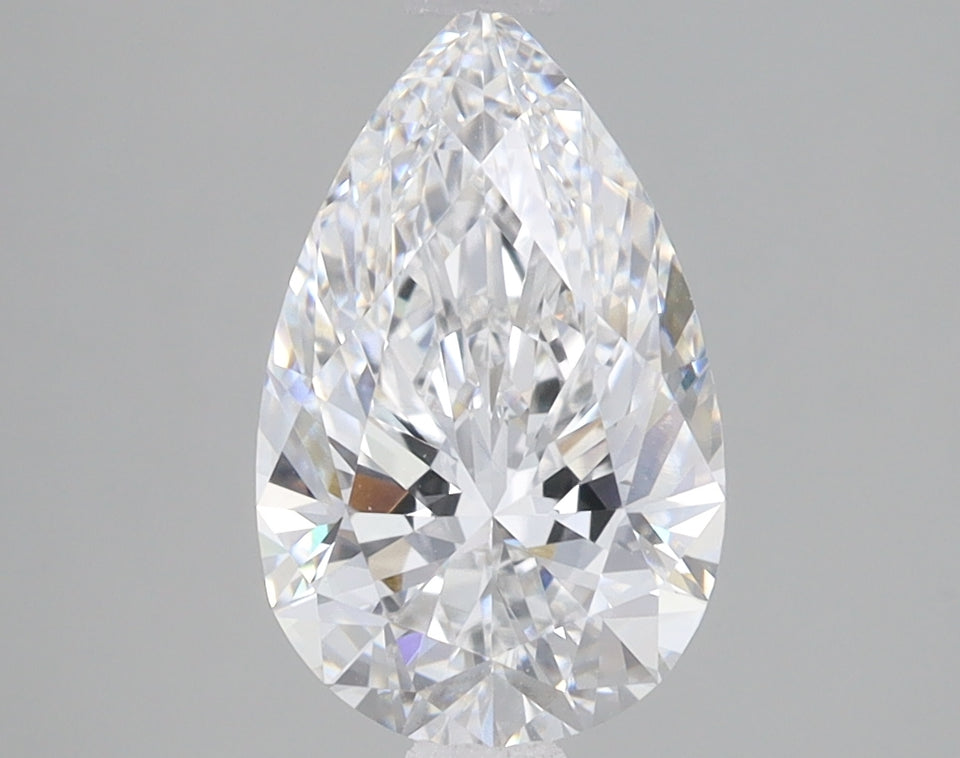 Pear-shaped lab-grown diamond with faceted surface and clear appearance on neutral background.
