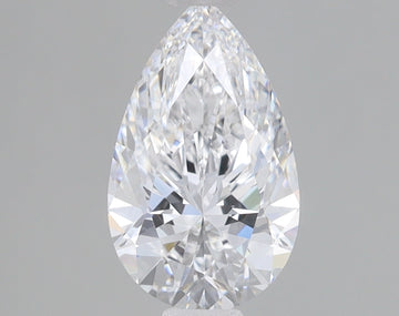 Clear pear-shaped lab-grown diamond with faceted surfaces displaying light refraction on gray background.