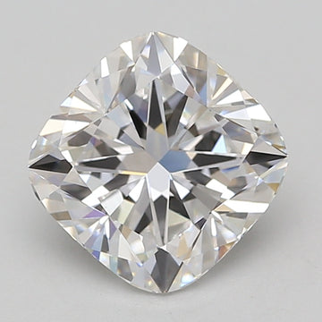 Cushion cut lab-grown diamond with faceted surface displaying light refraction, shown against neutral gray background.