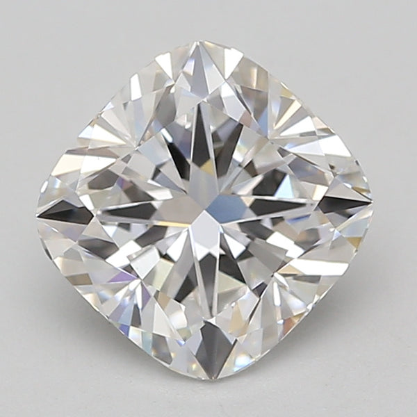 Cushion cut lab-grown diamond with faceted surface displaying light refraction, shown against neutral gray background.