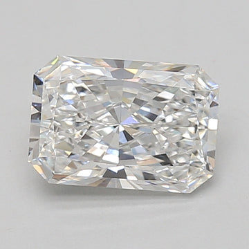 Clear radiant cut loose diamond with faceted surfaces reflecting light, displayed against neutral gray background.