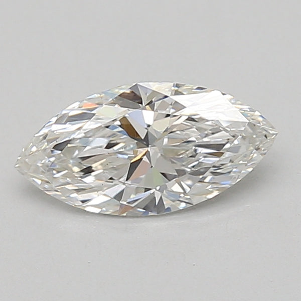 Marquise-cut lab-grown diamond with faceted surface reflecting light, displayed against neutral background.